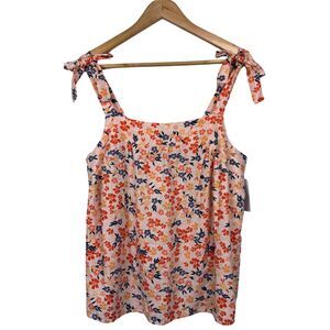Sonoma Tank Top Women's Tie-Strap Floral Linen Blend Smocked Large Summer Resort
